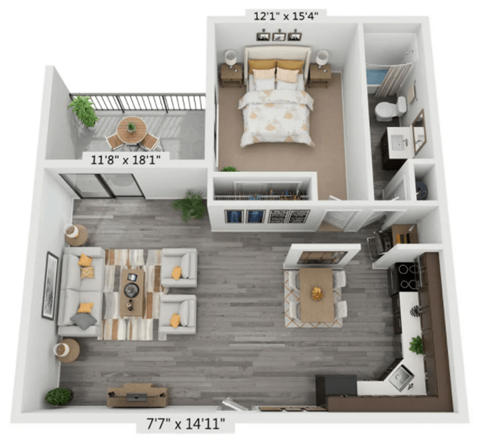 Floor plan for 1 bed, 1 bath, 684 sqft